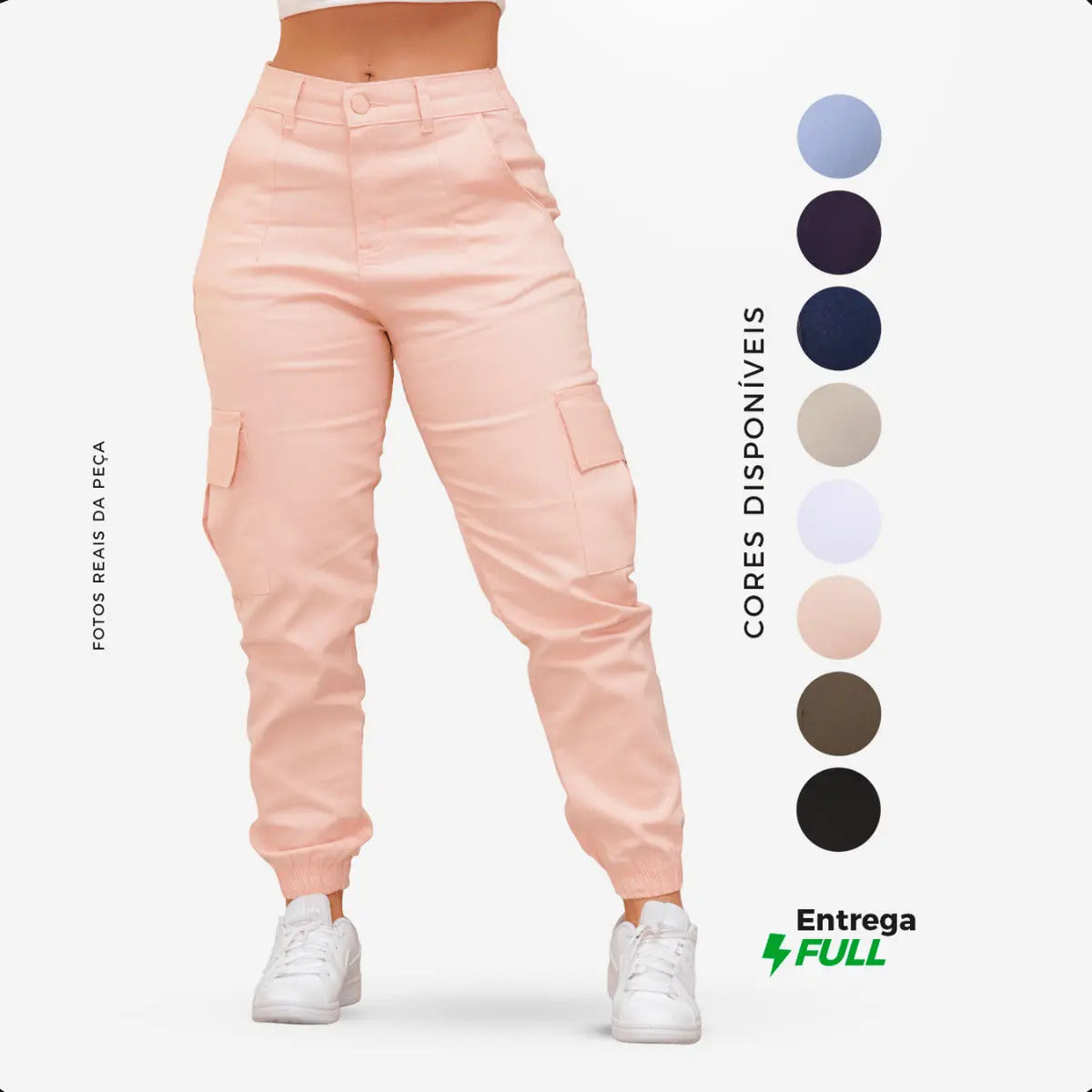 Calça Cargo Jogger Jeans Feminina Cintura Alta Com Lycra
