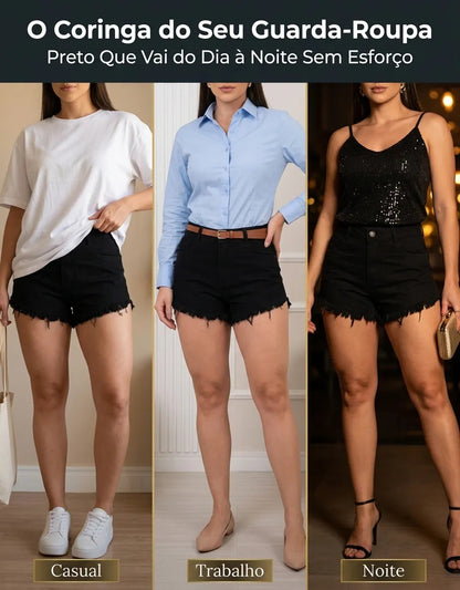 Short Jeans Feminino Cintura Alta Com Lycra Barra Desfiada
