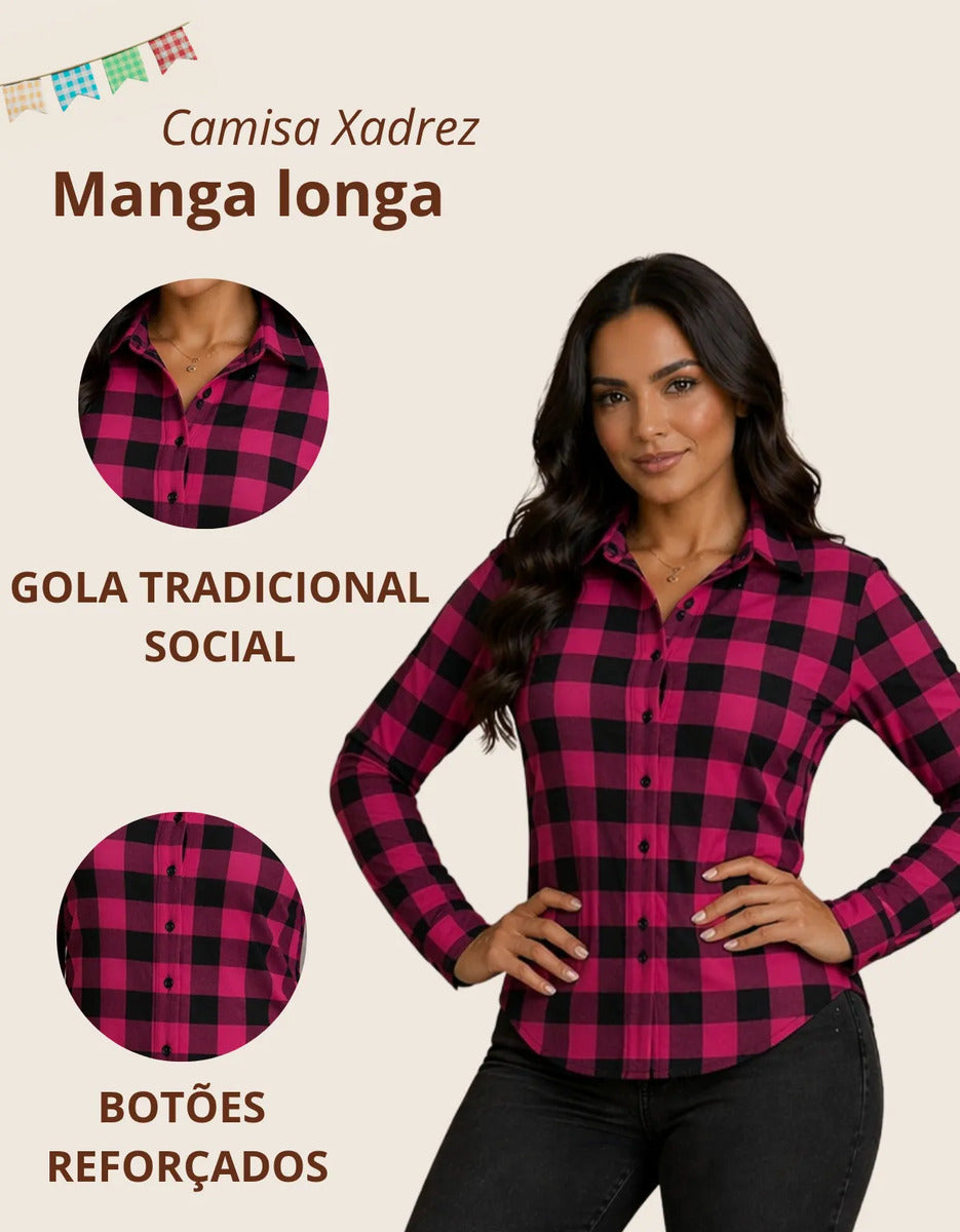 Camisa Xadrez Longa Blusa Manga Festa Junina Social De Botão