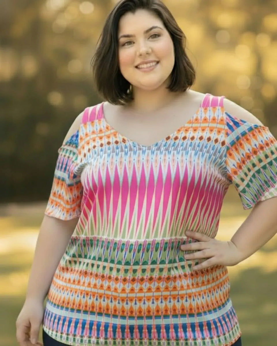Blusa Cigana De Seda Estampada Alça Dupla Plus Size