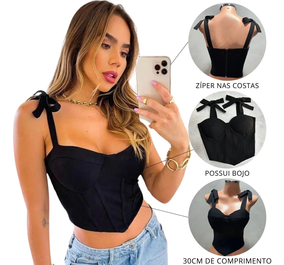 Croped Bengaline Corselet Corset Alcinha De Amarrar Com Bojo