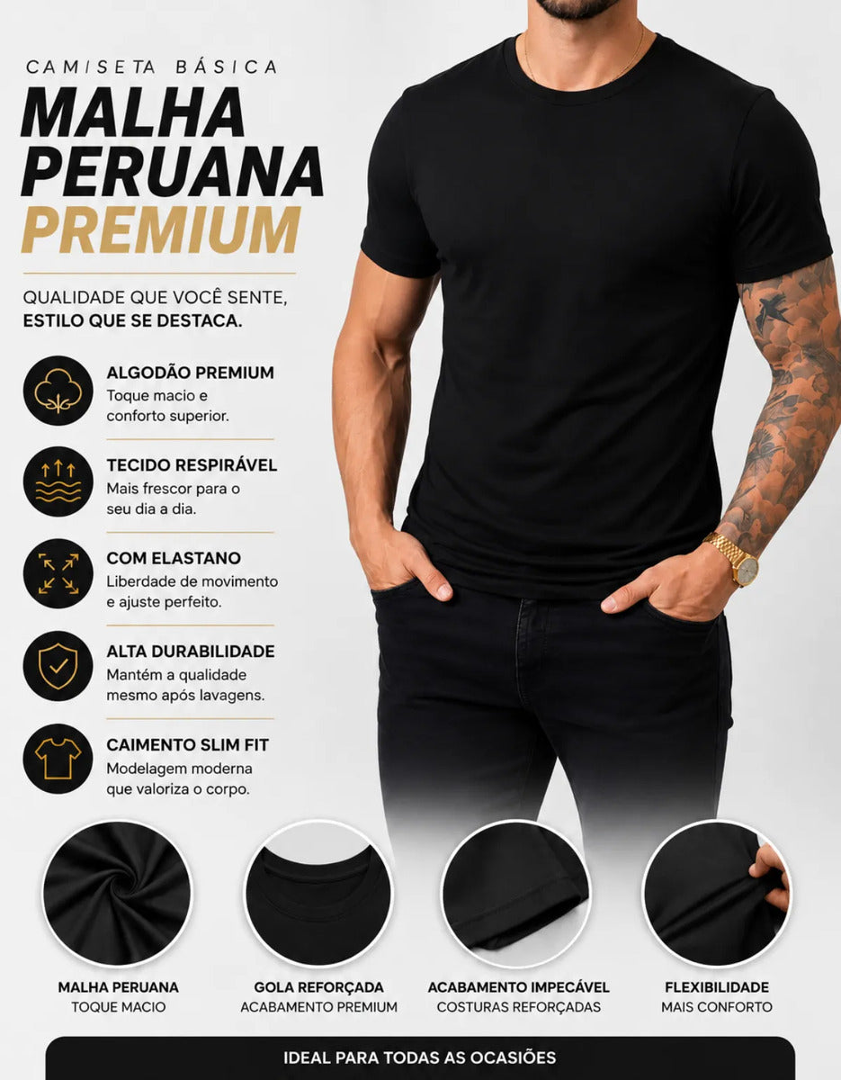 Camiseta Basica Masculina Algodão Lisa Malha Peruana Premium