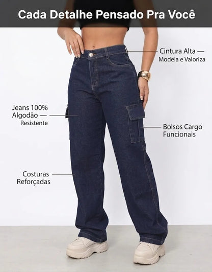 Calça Cargo Feminina Wide Leg Cintura Alta Jeans  Stillger