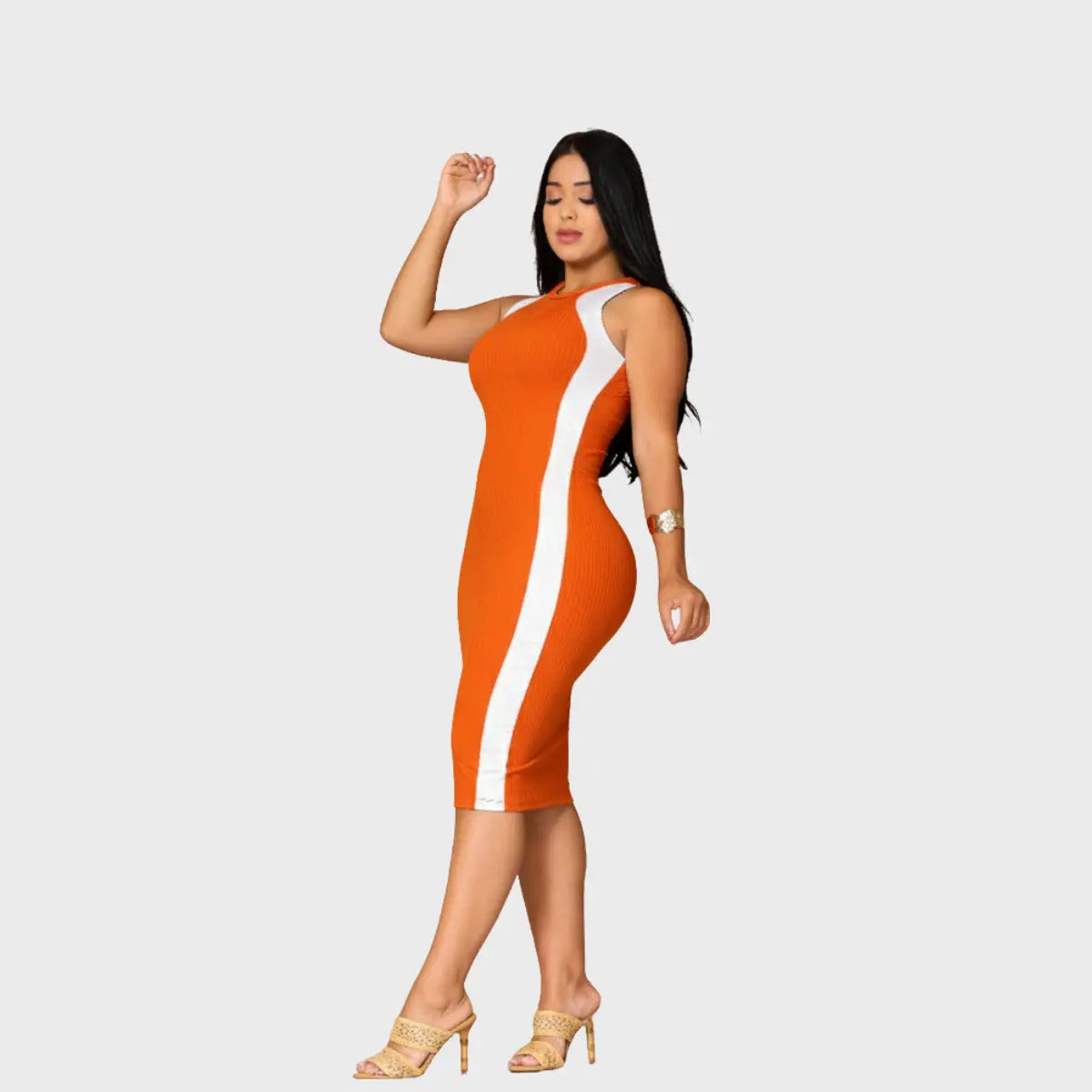 Vestido Canelado Midi Faixas Regata Casual Básico Modelador
