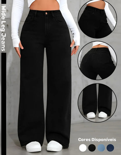 Calça Wide Leg Jeans Feminina Reta Perna Larga Empina Bumbum