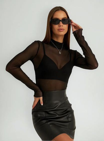 Blusa Tule Transparente Feminina Segunda Pele Manga Longa