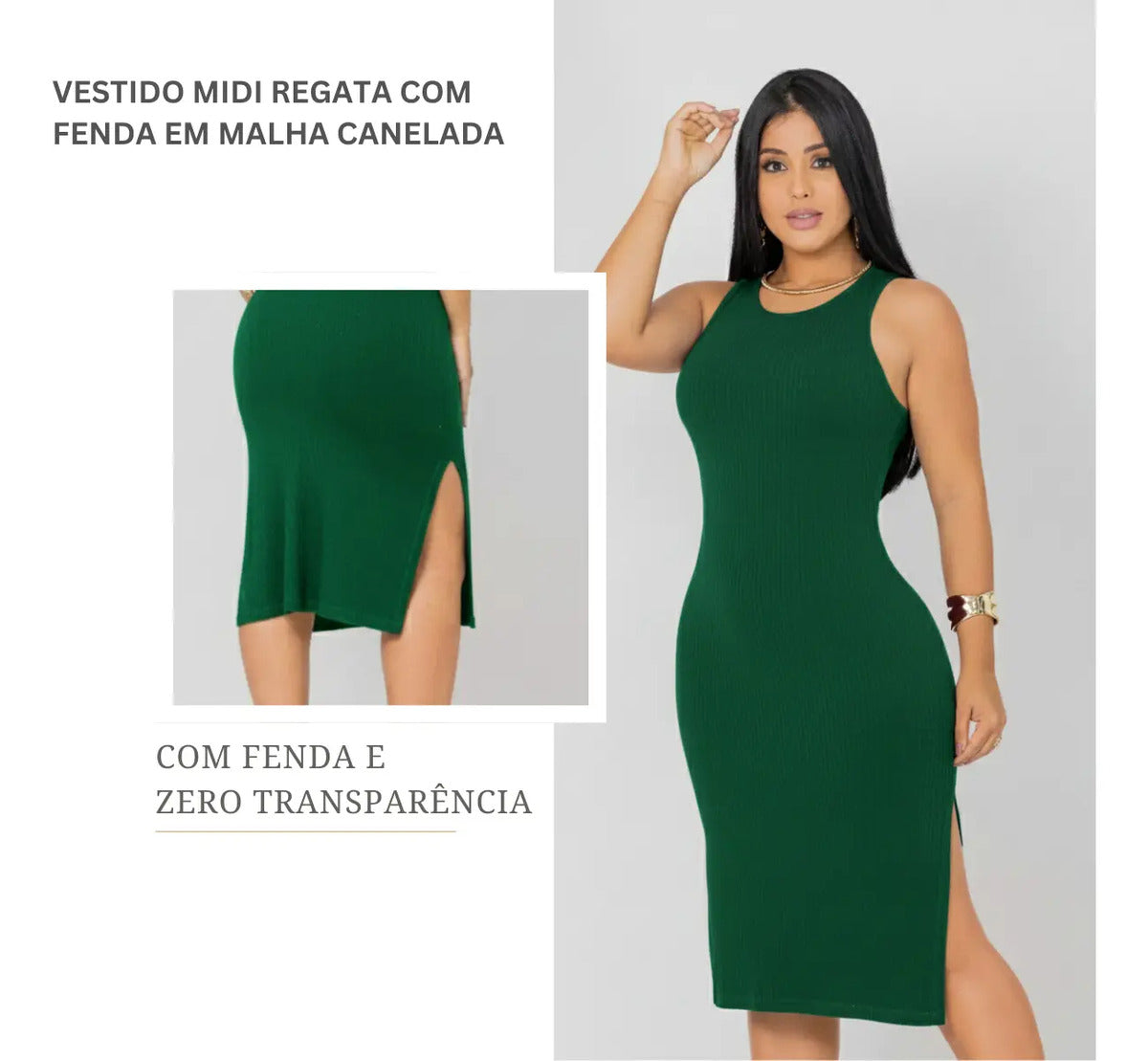 Vestido Canelado Midi Regata Com Fenda Zero Transparência