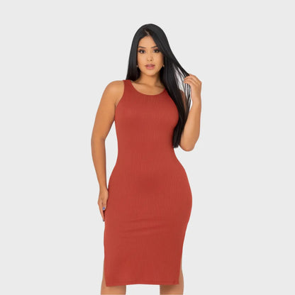 Vestido Canelado Midi Regata Com Fenda Zero Transparência