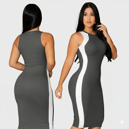 Vestido Canelado Midi Faixas Regata Casual Básico Modelador