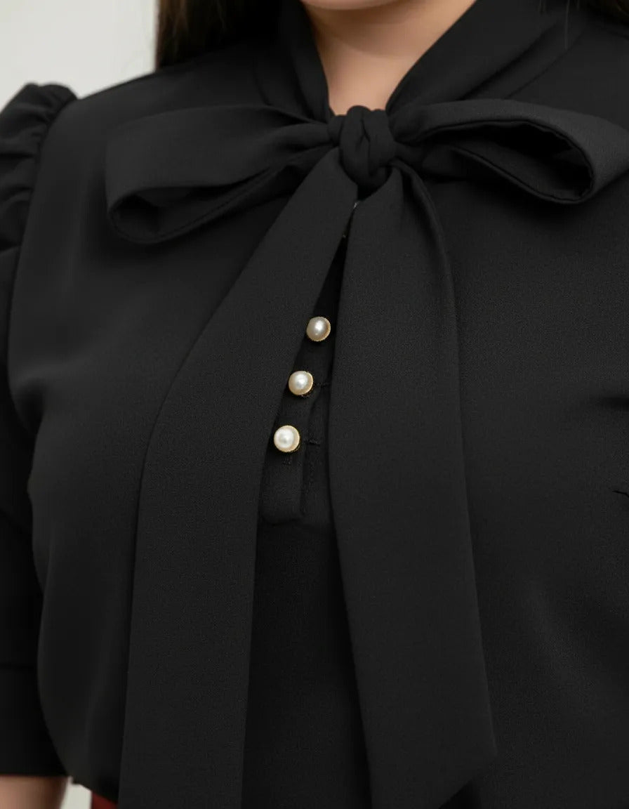 Blusa Camisa Social Romântica Laço E Botões De Pérola Manga