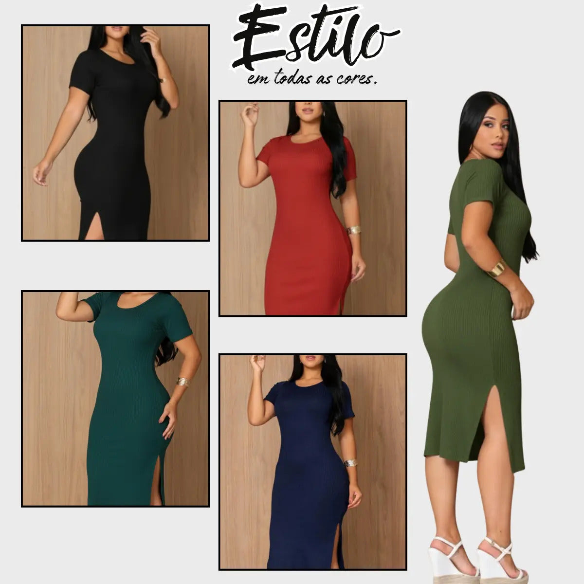 Vestido Canelado Midi Com Manga e Fenda Lateral Casual Básico