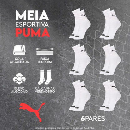 6 Pares Meias Puma Cano Médio Alto Atoalhada Academia Sport