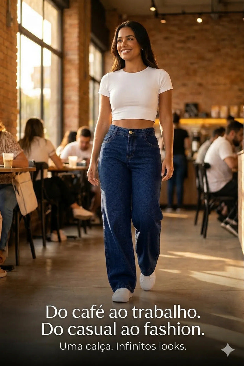 Calça Jeans Wide Leg Feminina Cintura Alta Sem Lycra Stillge