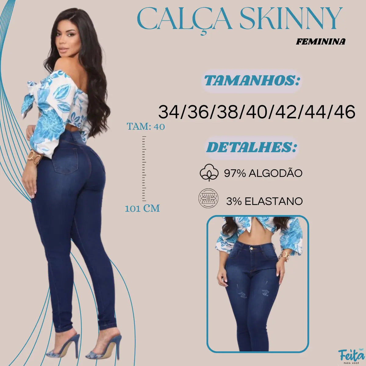 Calça Preta Jeans Feminina Com Elastano Cintura Alta Skinny