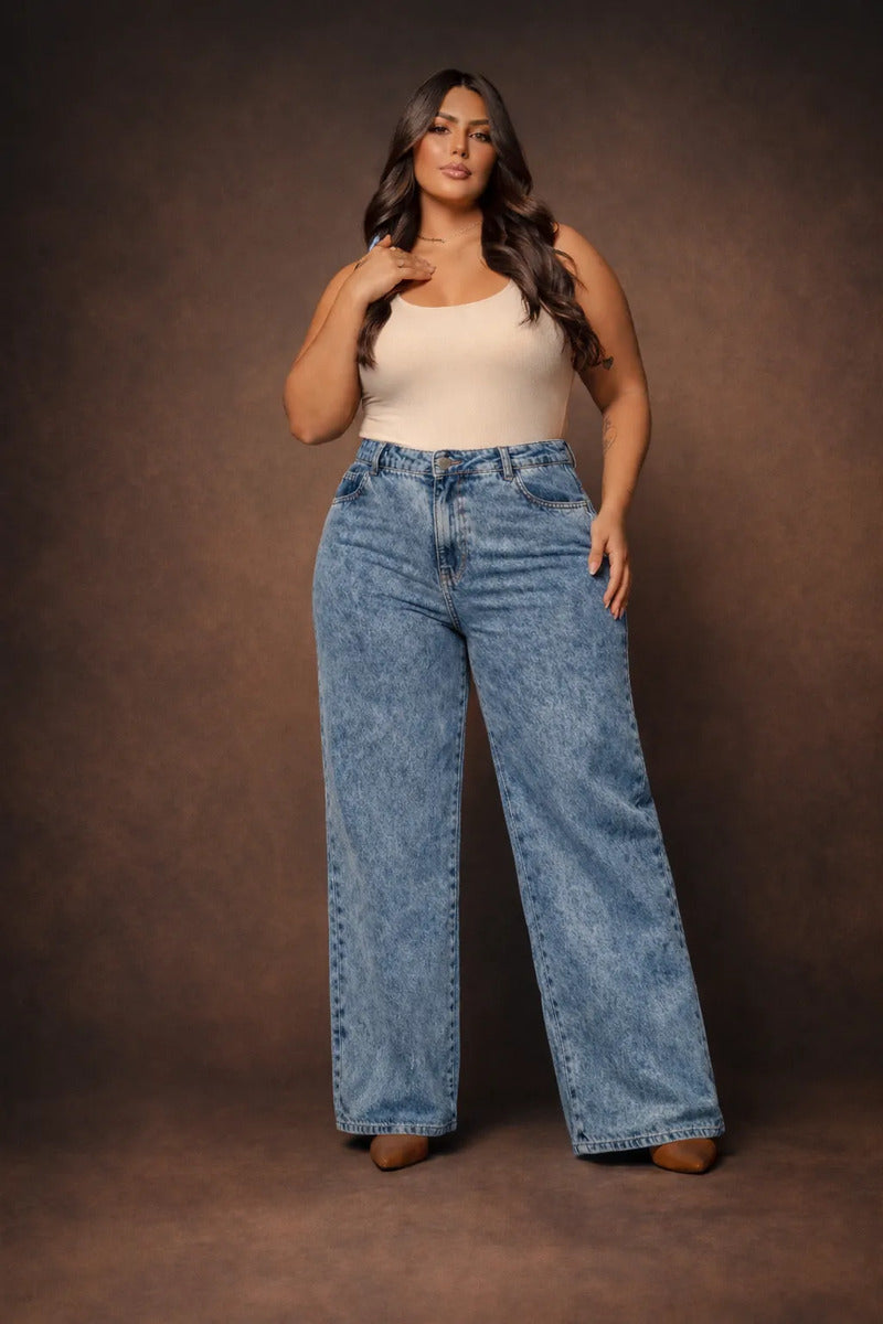Calça Plus Size Jeans Feminina Wide Leg Levanta Bumbum