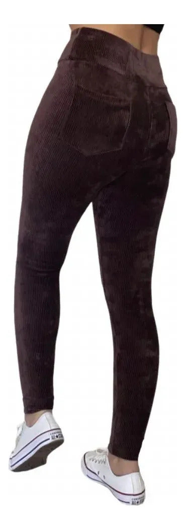 Calça Legging Veludo Cotelê Com Bolso Cós Alto Inverno
