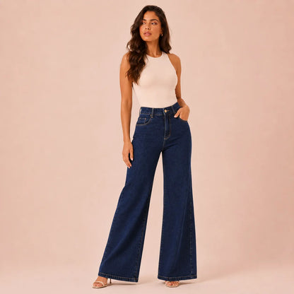 Calça Jeans Pantalona Wide Leg Feminina Cintura Alta Larga