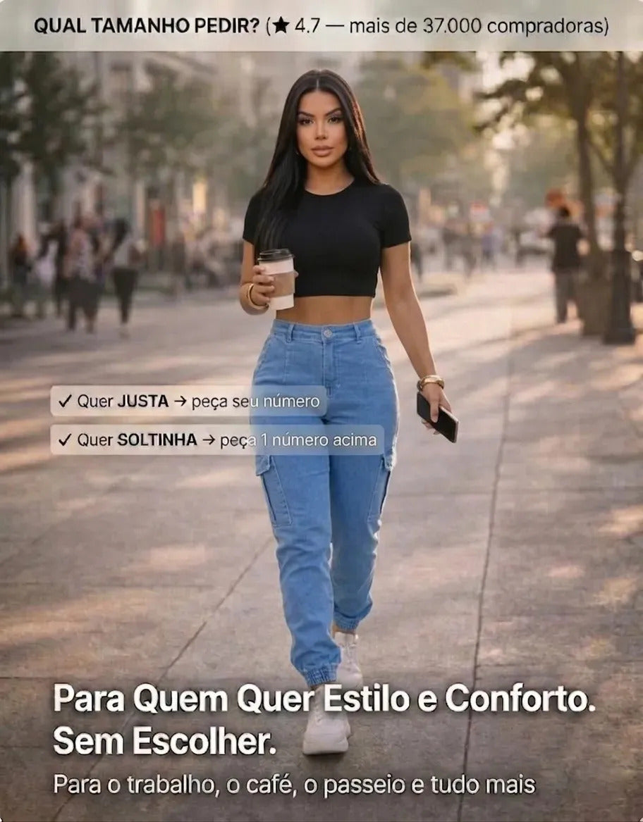 Calça Cargo Jogger Jeans Feminina Cintura Alta Com Lycra