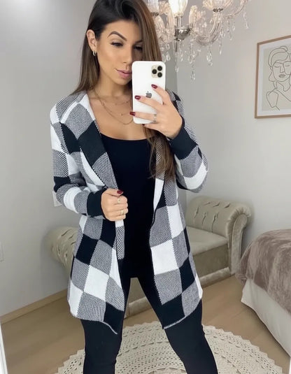 Casaco Cardigan Xadrez Tricot Blusa De Frio Kimono Inverno