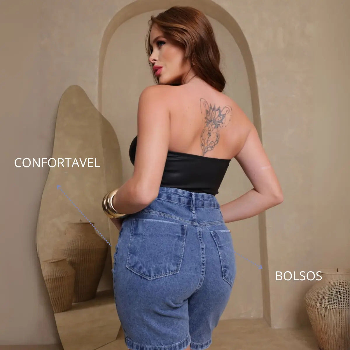 Bermuda Jeans Cintura Alta Feminina Com Estonado Na Lavagem