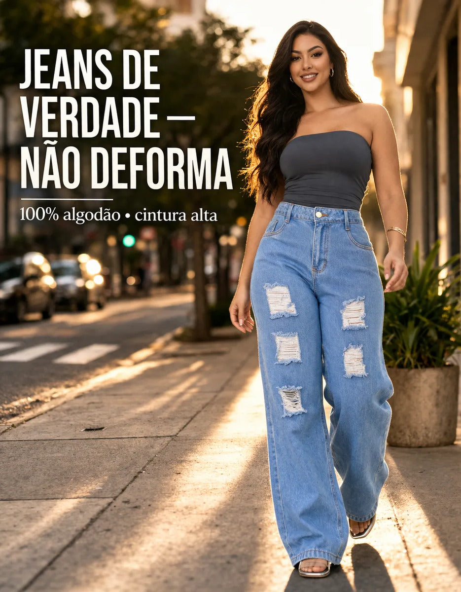 Calça Jeans Wide Leg Feminina Cintura Alta Sem Lycra Stillge