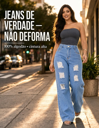 Calça Jeans Wide Leg Feminina Cintura Alta Sem Lycra Stillge