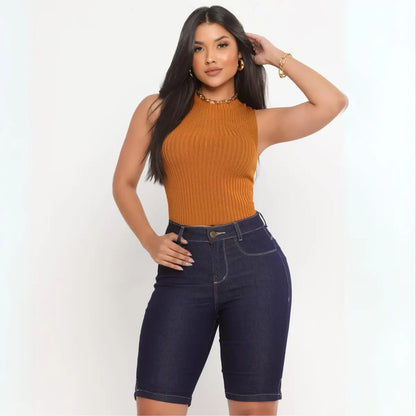 Bermuda Ciclista Jeans Feminina Com Lycra Cós Alto