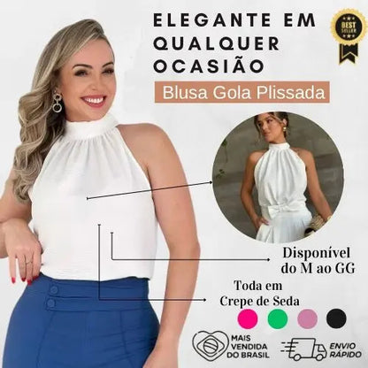 Blusa Feminina Regata Gola Alta Plissada Elegante