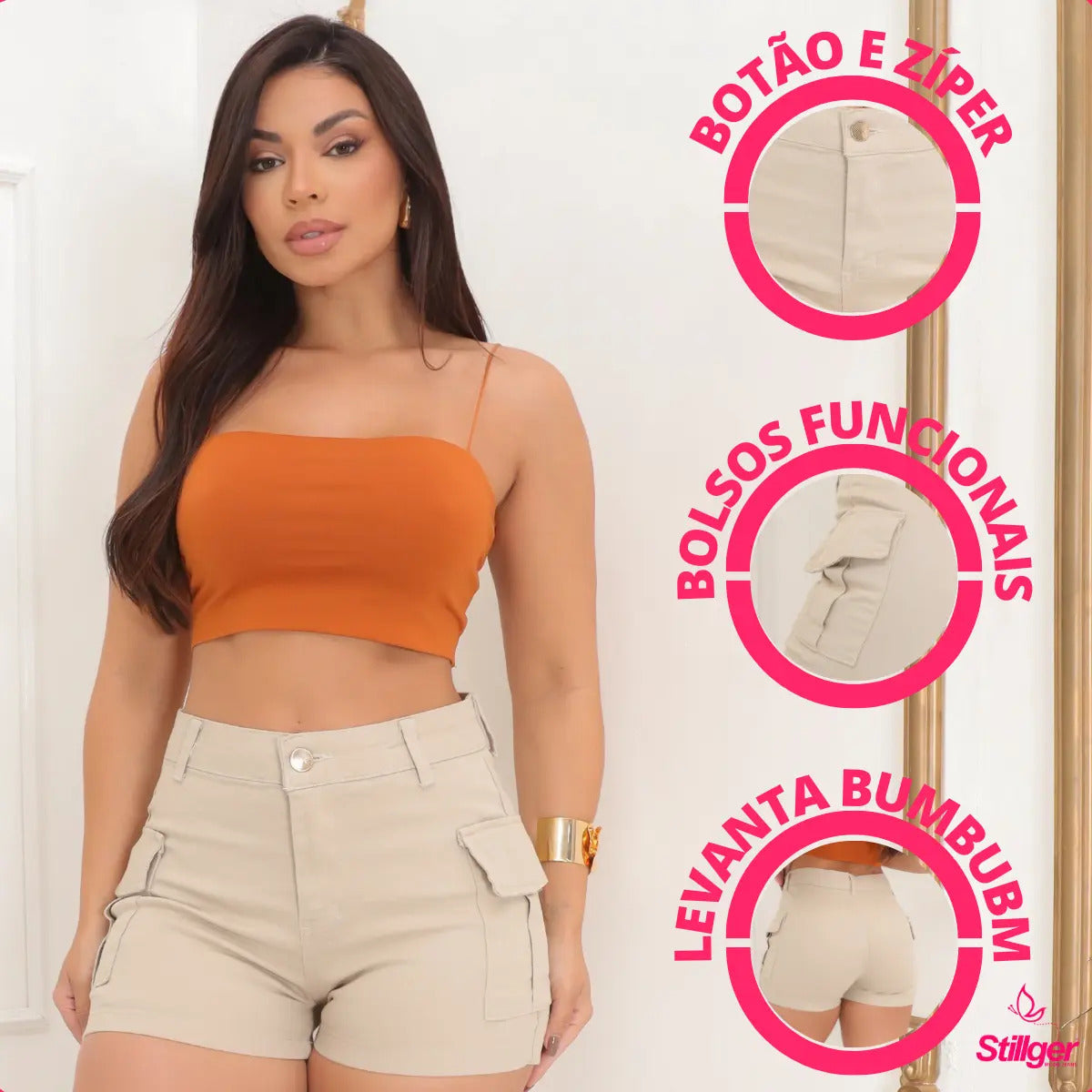 Short Jeans Feminino Shorts Cargo Com Lycra Cintura Alta