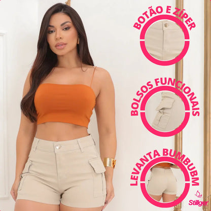 Short Jeans Feminino Shorts Cargo Com Lycra Cintura Alta