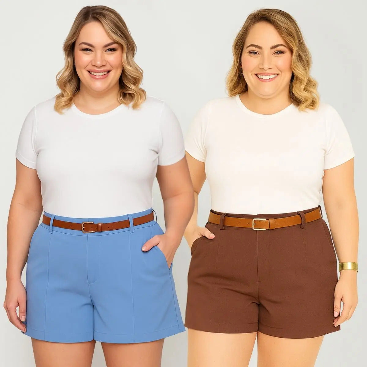 Kit 2 Shorts Femininos Plus Size Cintura Alta Com Cinto