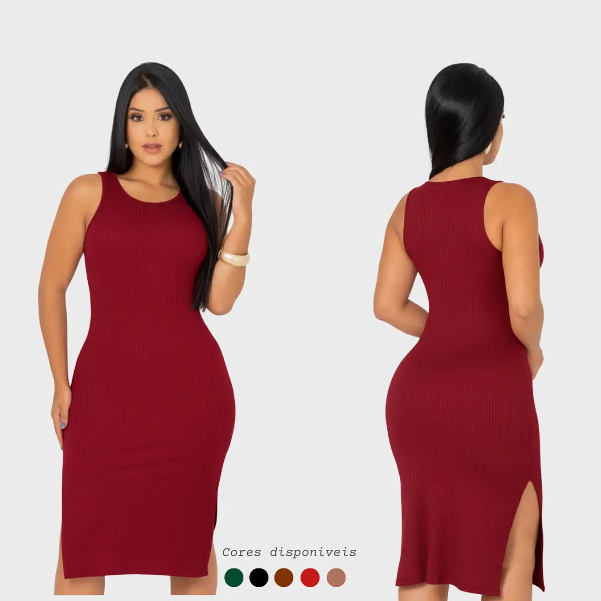 Vestido Canelado Midi Regata Com Fenda Zero Transparência
