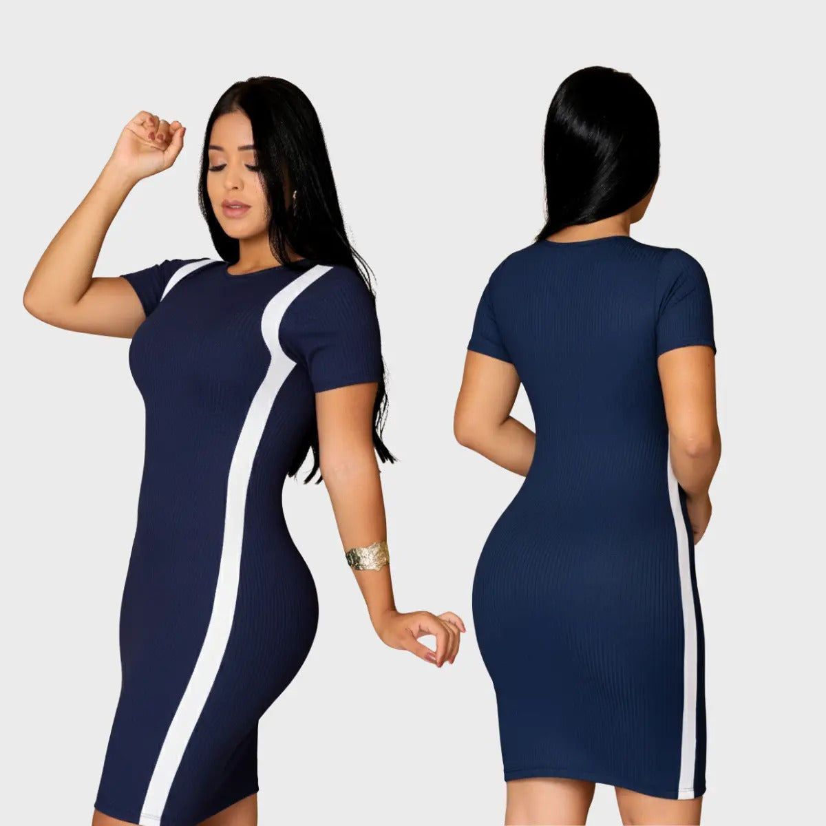 Vestido Canelado Curto Com Manga Casual Básico Modelador
