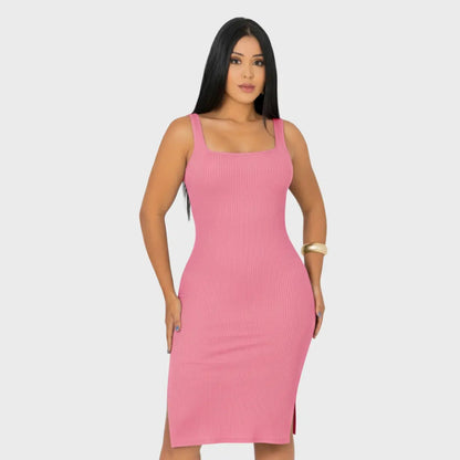 Vestido Midi Canelado Premium Com Alça E Fendas Casual Básico
