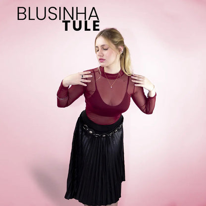 Blusa Tule Transparente Feminina Segunda Pele Manga Longa