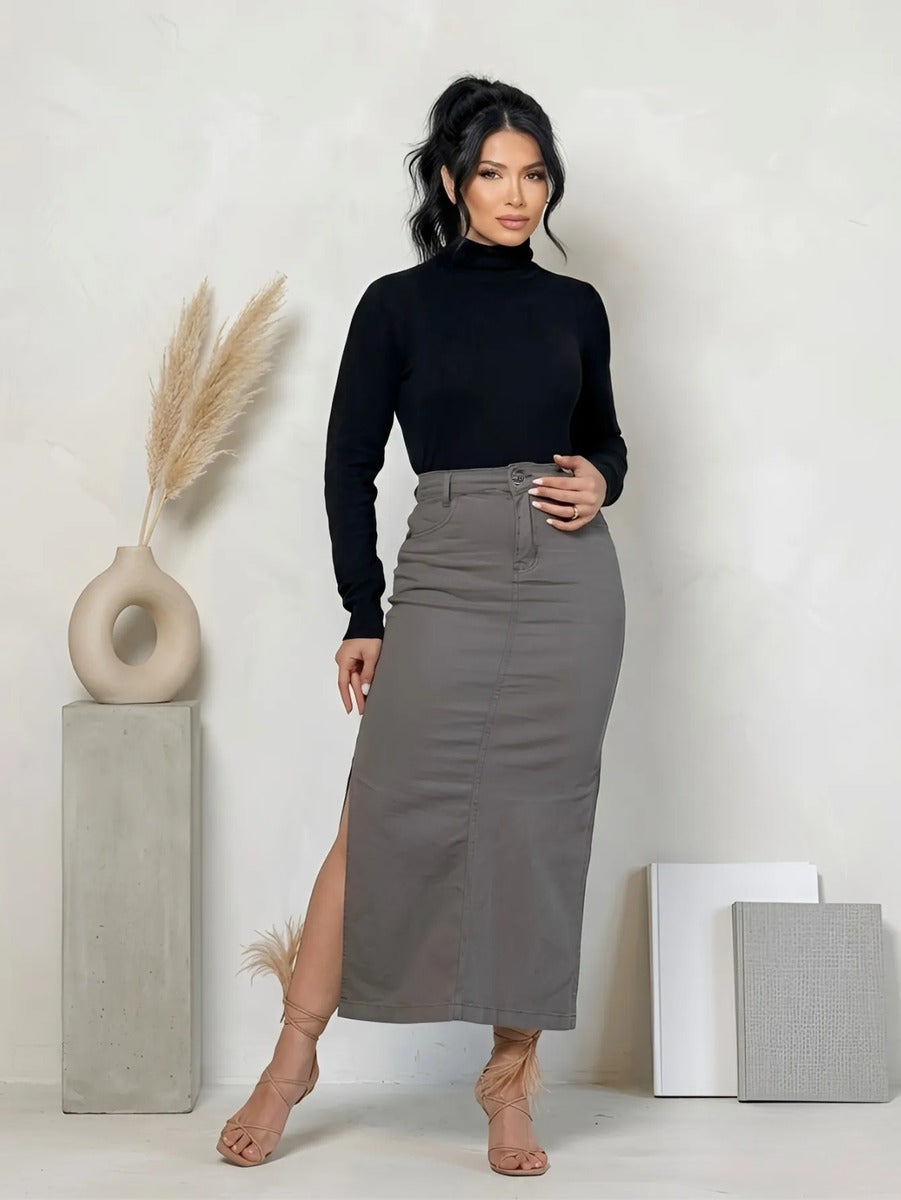 Saia Longa Jeans E Brim Abertura Lateral Elastano Anagrom