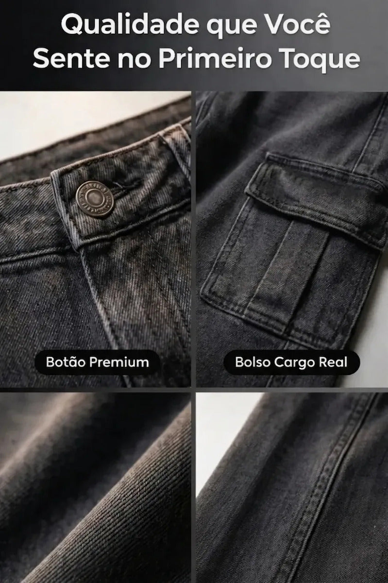 Calça Cargo Feminina Wide Leg Cintura Alta Jeans  Stillger