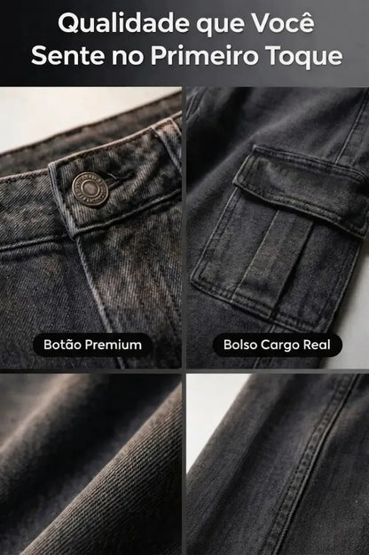 Calça Cargo Feminina Wide Leg Cintura Alta Jeans  Stillger