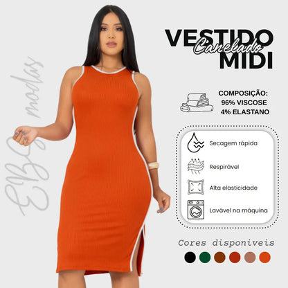 Vestido Midi Canelado Premium Regata Casual Básico Modelador