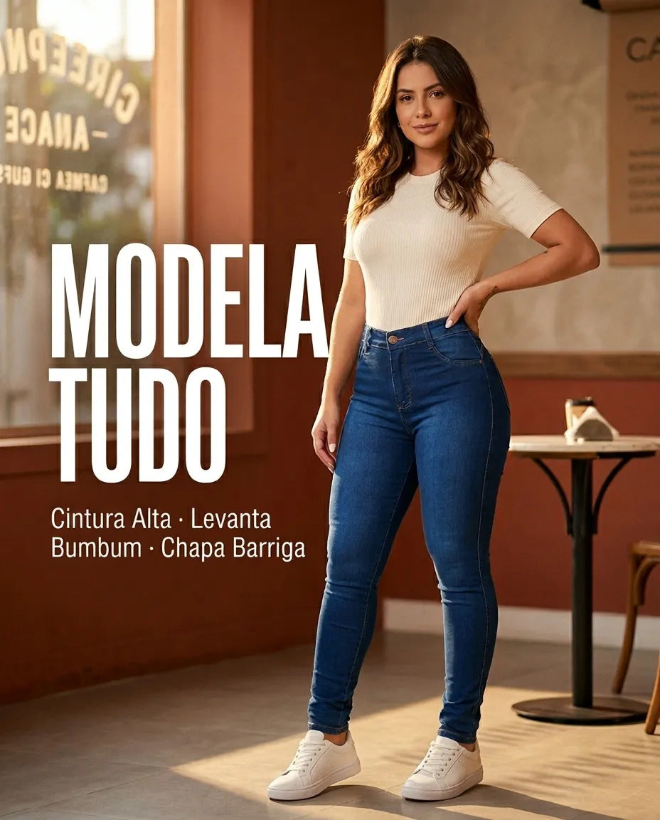 Calça Feminina Jeans Cintura Alta Skinny Levanta Bumbum