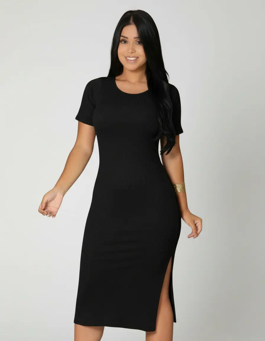 Vestido Canelado Midi Com Manga e Fenda Lateral Casual Básico