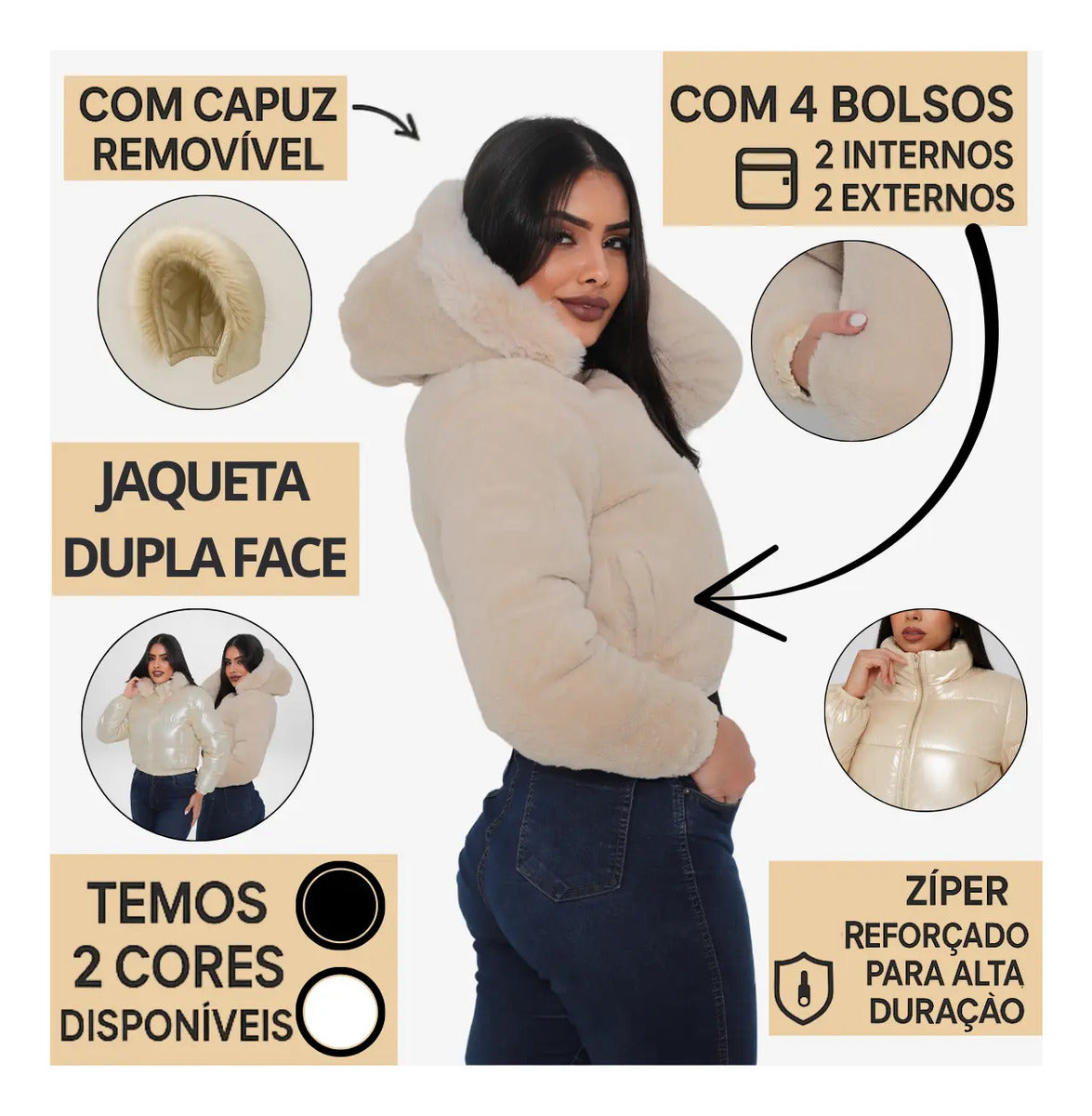 Jaqueta Feminina De Inverno Cropped Dupla Face Com Capuz