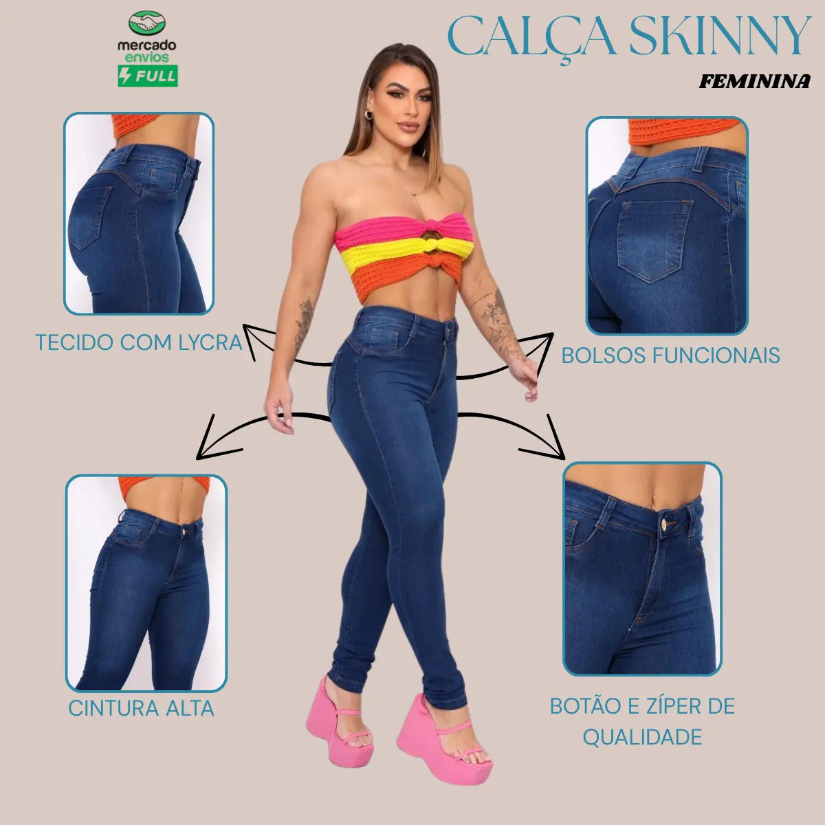 Calça Preta Jeans Feminina Com Elastano Cintura Alta Skinny