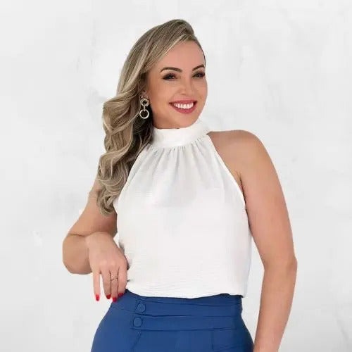 Blusa Feminina Regata Gola Alta Plissada Elegante