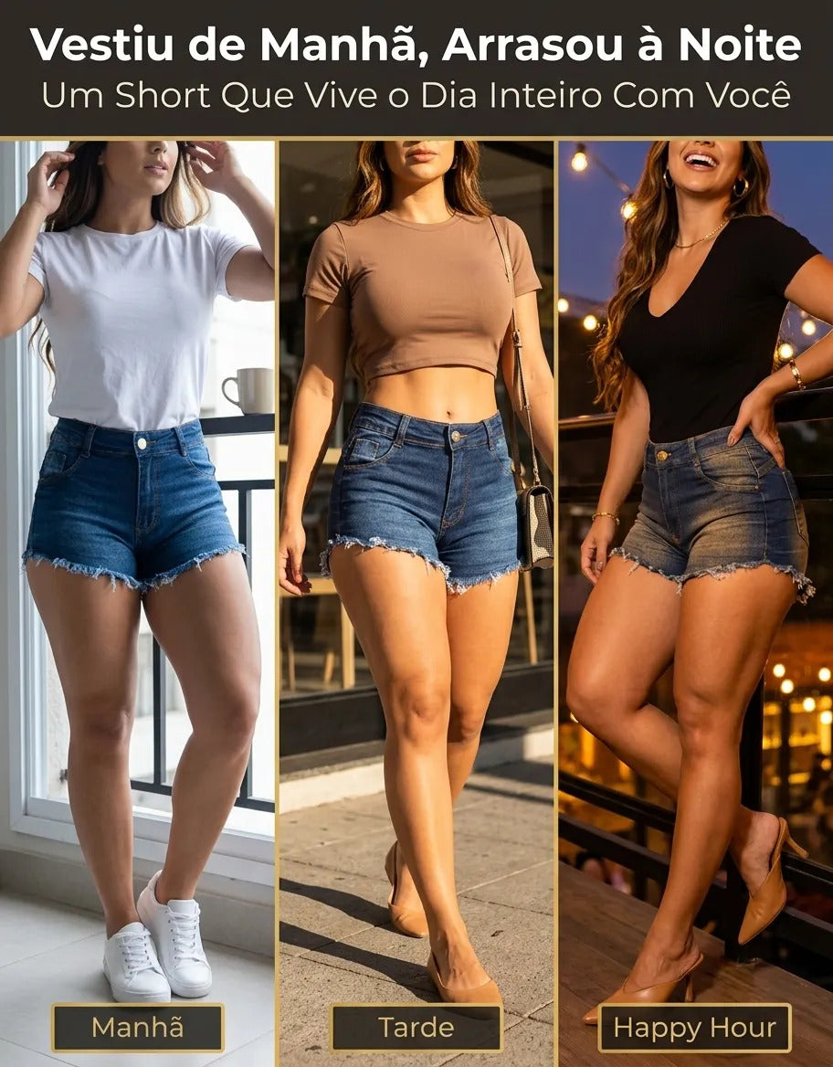 Short Jeans Feminino Cintura Alta Com Lycra Barra Desfiada