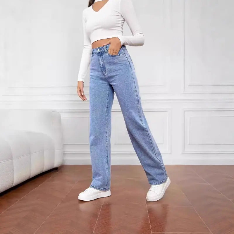 Calça Jeans Feminina Cintura Alta Lavada Reta Solta ,