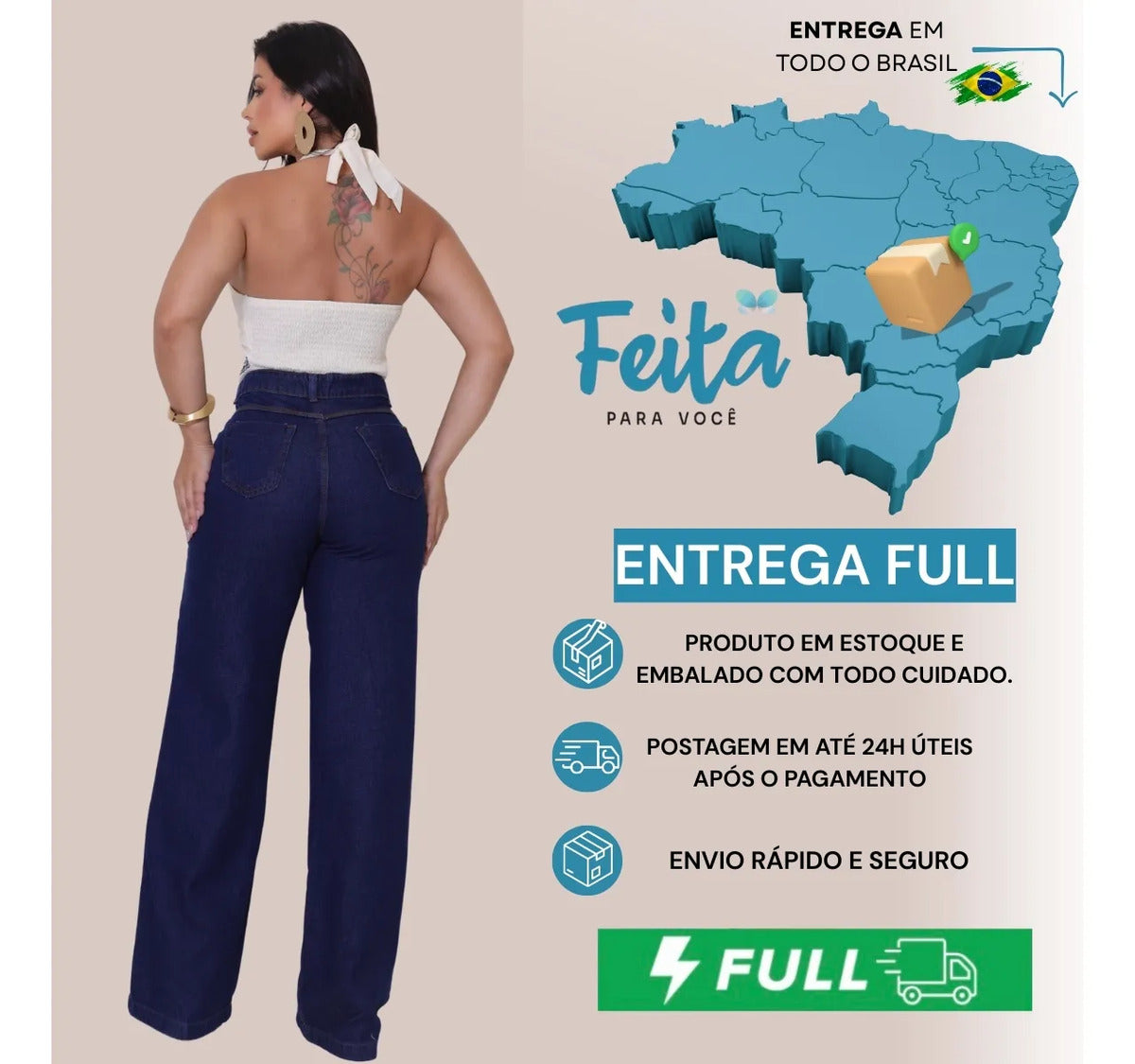 Calça Jeans Feminina Wide Leg Pantalona Cintura Alta Inverno