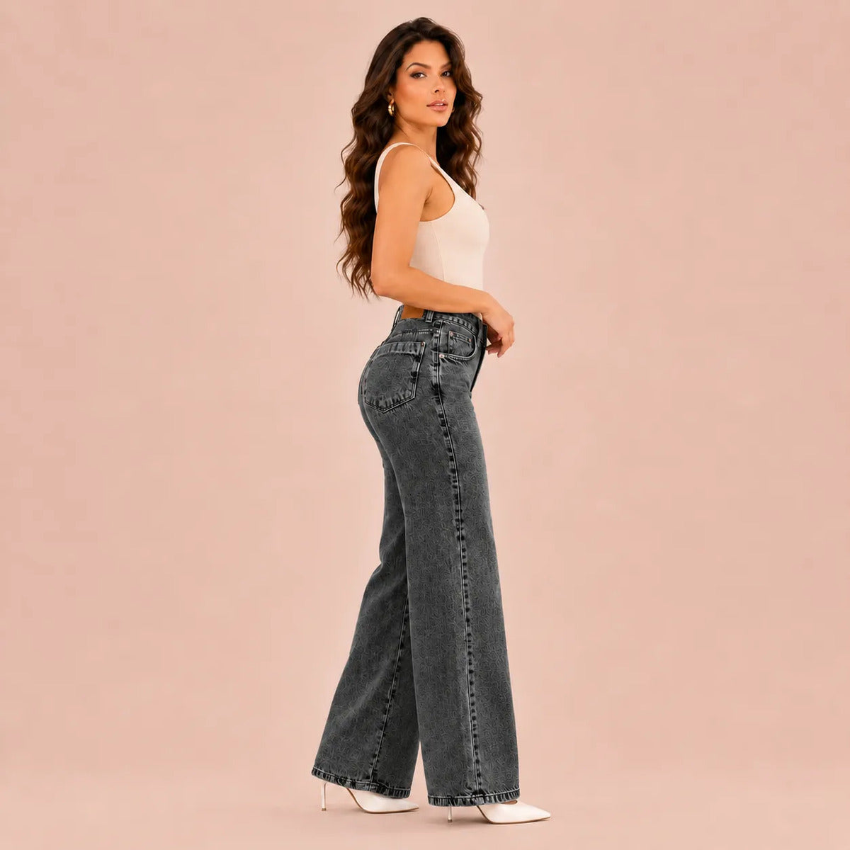 Calça Jeans Pantalona Wide Leg Feminina Cintura Alta Larga