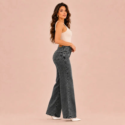 Calça Jeans Pantalona Wide Leg Feminina Cintura Alta Larga