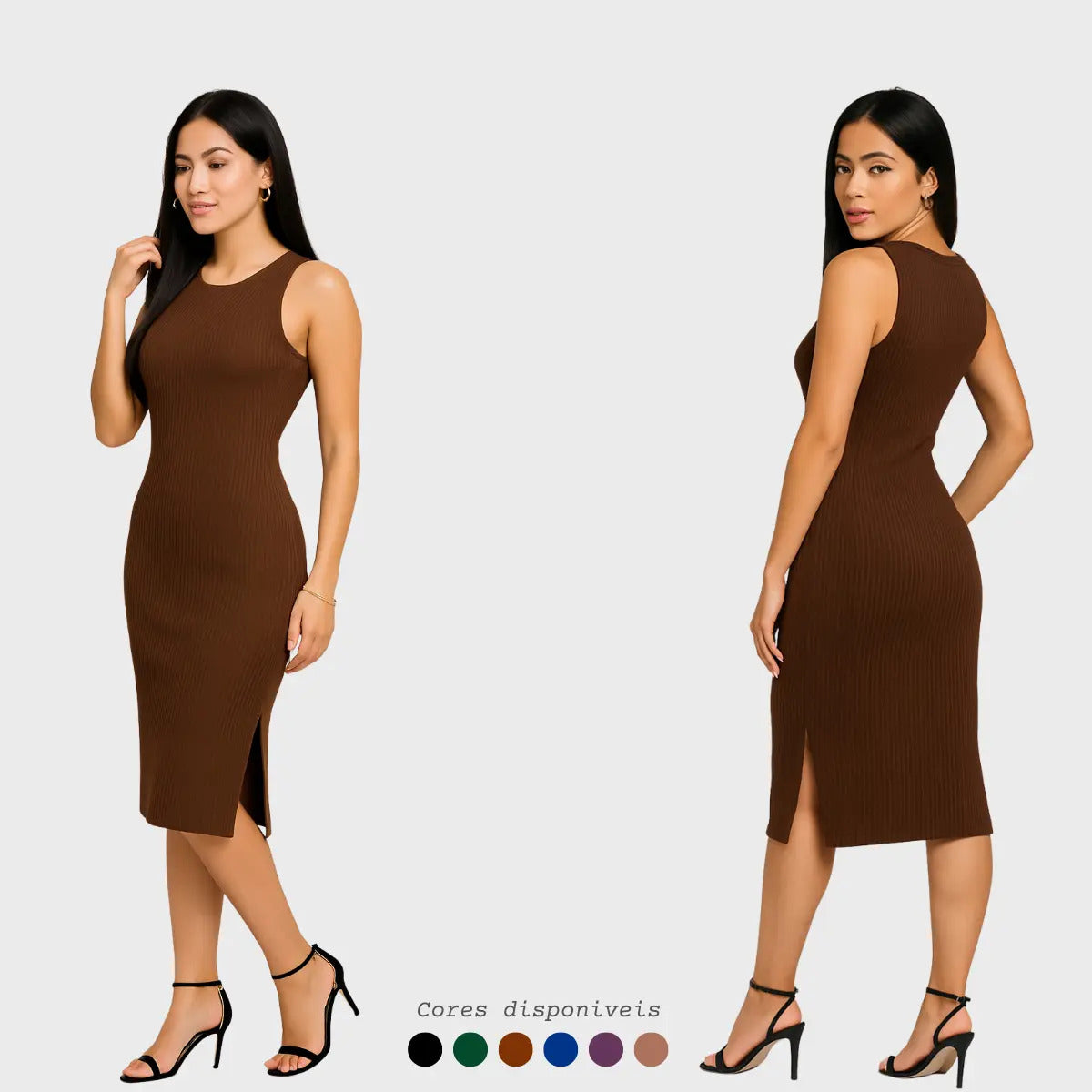 Vestido Canelado Midi Regata Com Fenda Zero Transparência